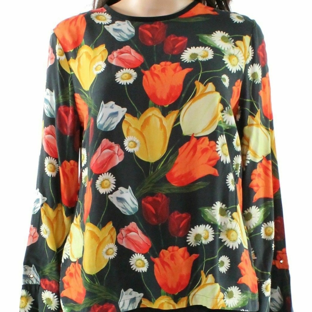 Mother of Pearl Black Crewneck Floral Silk Top - Picture 3 of 5